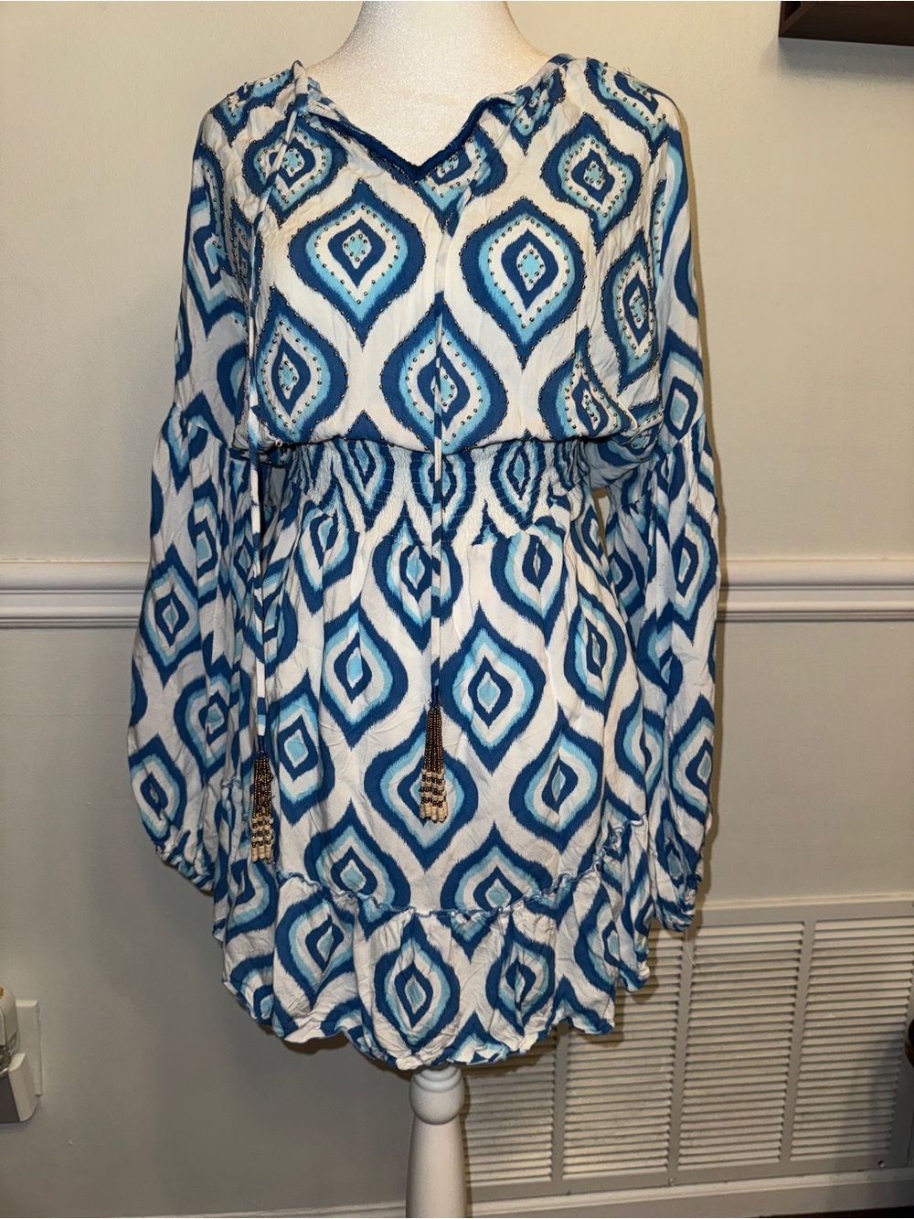 Skemo Blue Geometric Boho Smocked Tassel Midi Dress Large
